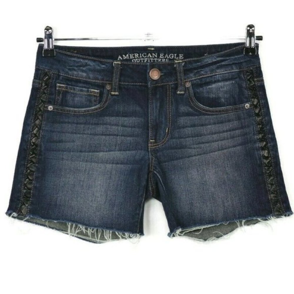 American Eagle‎ Cut Off Jean Shorts Stretch Black Faux Leather Trim 6